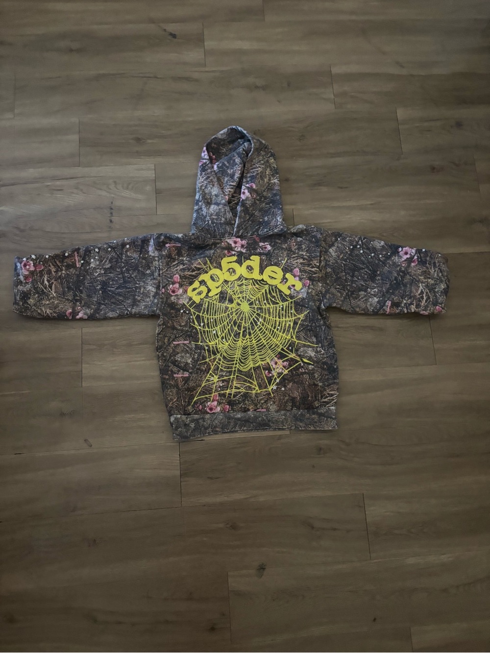 Kids Hooded Puffer Jacket with Yellow Spider Web Graphic